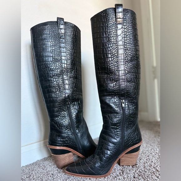 Gianni Bini Heeled Boot Black Alligator Skin Design w/ Brown Trim Knee High - Picture 2 of 10